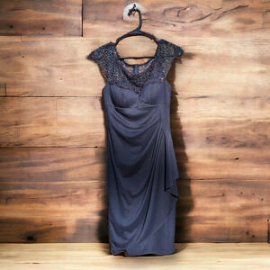 NWT $198 Cache Navy Beaded llusion Ruched Cascade Ruffle Side Dress Sz 2